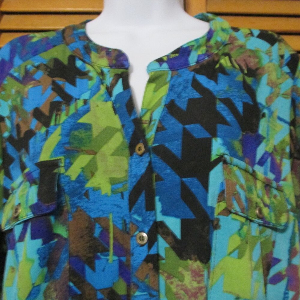 Kim Rogers top bold blues & greens, soft & stretchy button down casual size L - Picture 3 of 7